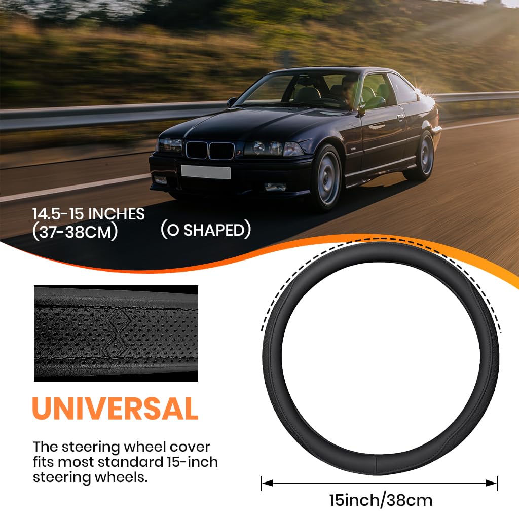 STHIRA Car Steering Wheel Cover for 15 Inch Wheels with Non Slip Grip and PU Leather | Black
