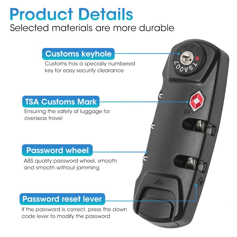 HASTHIP® TSA Locks for Luggage, Portable TSA Customs Code Lock, 3-Digit Number Combination Padlock TSA Lock Luggage, TSA007 Approved Zipper Number Lock, Suitcase Travel Bag Code Combination Locks