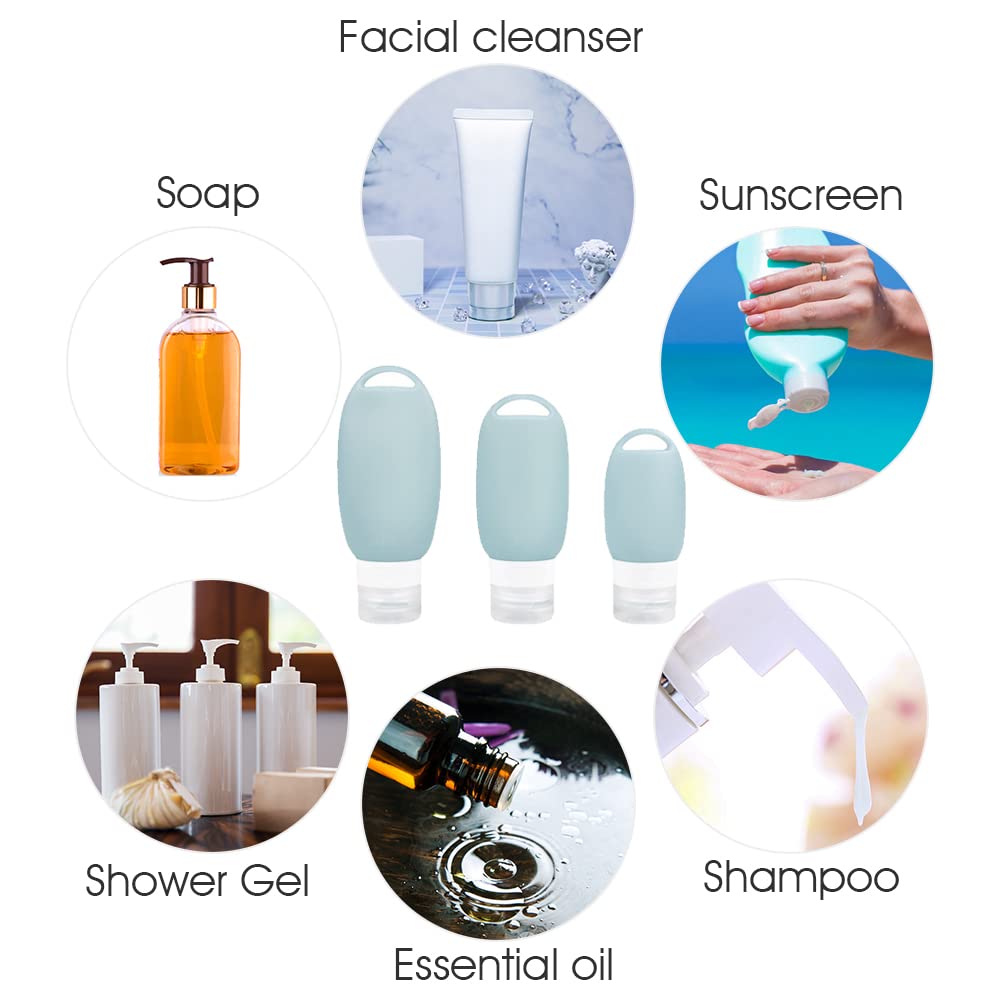 MAYCREATE Travel Bottles for Toiletries 3Pcs 40ml 60ml 90ml with Carabiner | Soft Silicone Leakproof Refillable Containers Green