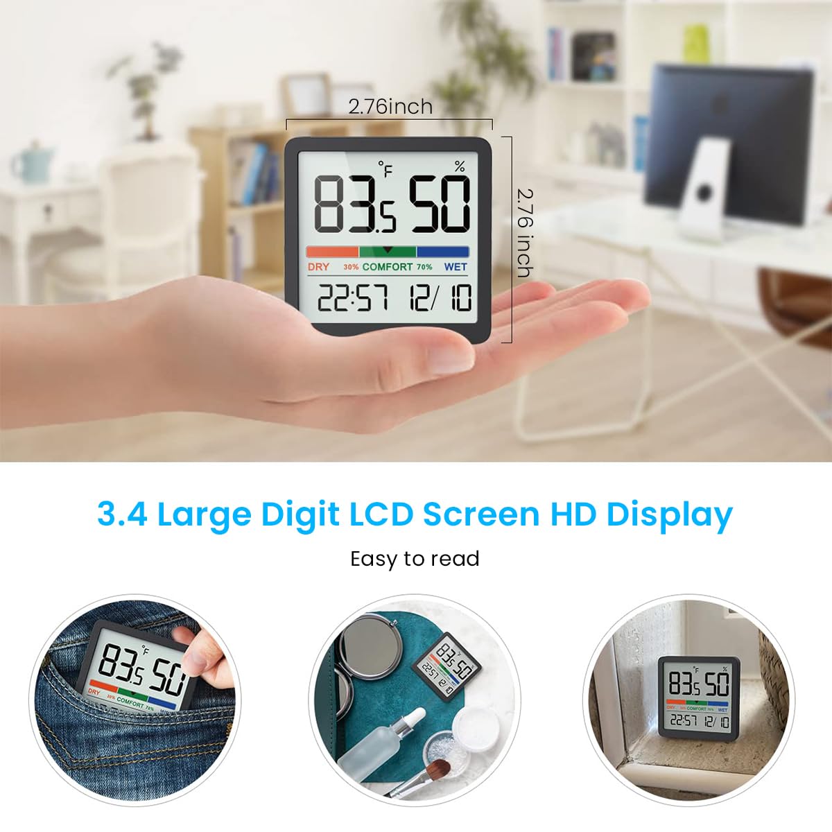 HASTHIP Digital Temperature Humidity Meter for Home featuring Magnetic Back Design | LCD Hygrometer with Time Display and 93×75 mm Compact Body