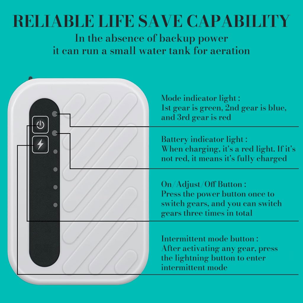 Qpets Small Oxygen Generator for Aquarium and Outdoor Fishing with 45h Battery | Adjustable Flow and Intermittent Mode