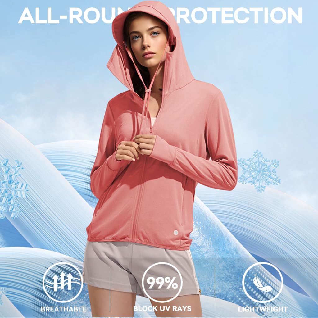 Venzina Women’s UPF 50+ Sun Protection Jacket for Hiking with Hood and Thumbholes | Lightweight Polyester Spandex UV Shirt with Zipper Pockets, Orange Red