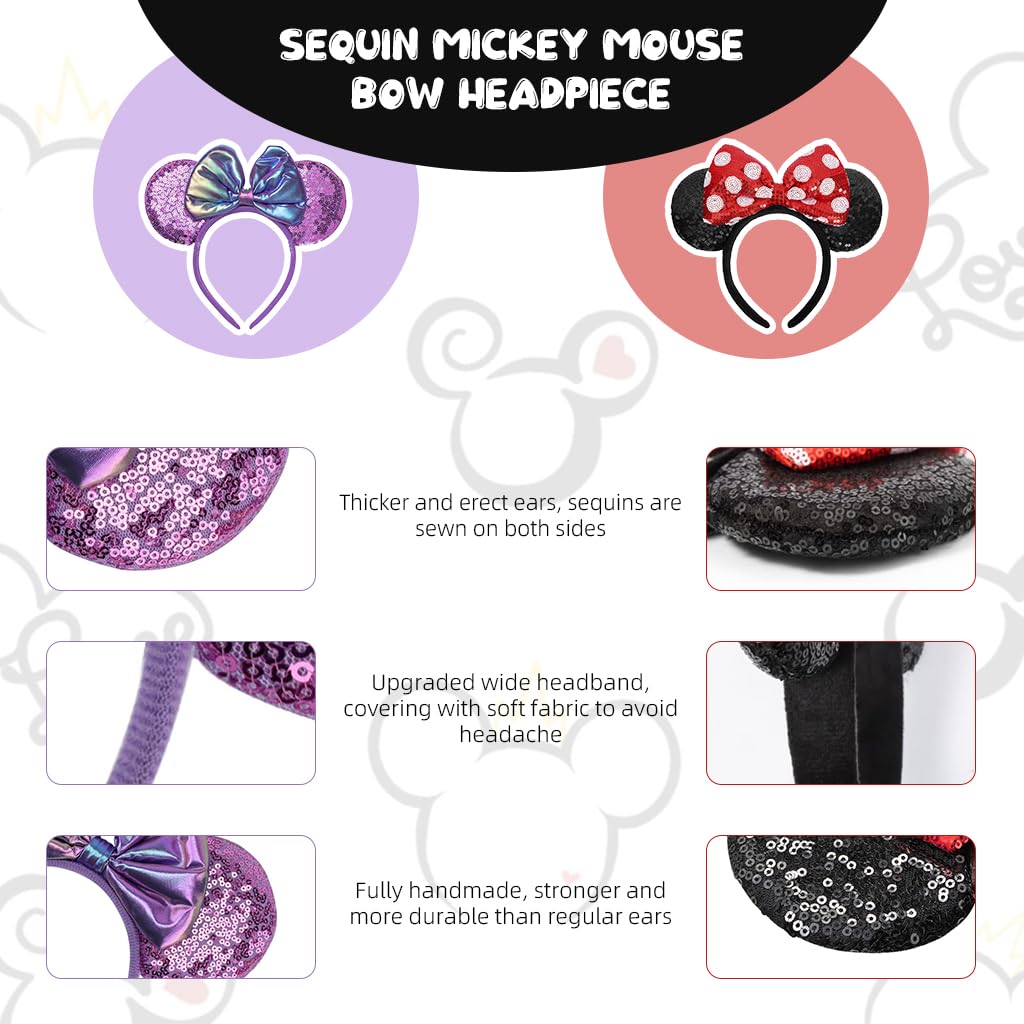 PALAY Hairband Set for Women and Girls featuring Sequin Mickey Bow | 2Pcs Cosplay Accessory