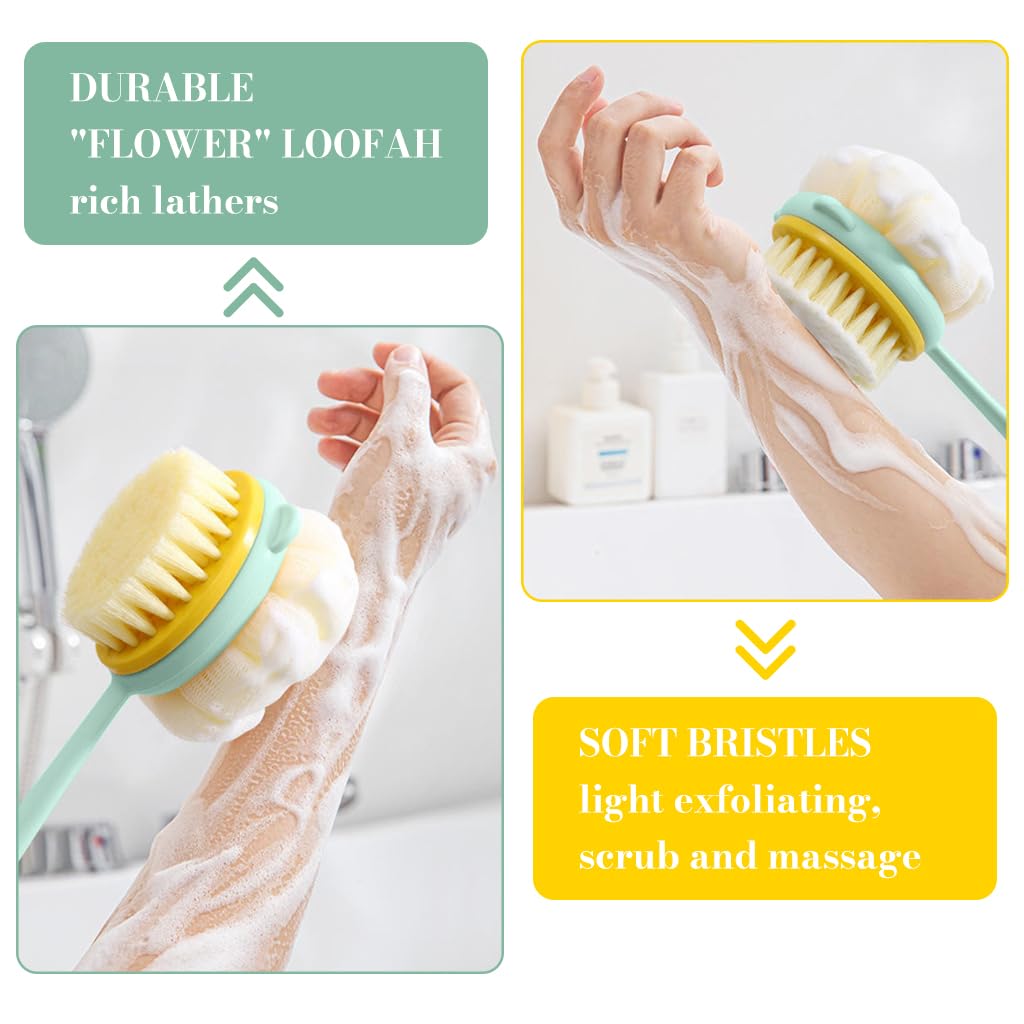 MAYCREATE Bath Back Scrub Brush with Dual Sided Puff and Textured Exfoliating Surface | Ergonomic Long Handle for Women and Men