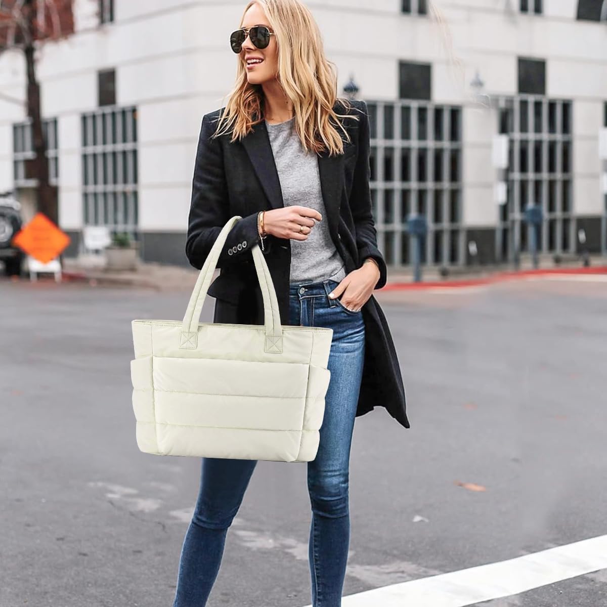 PALAY Fashion Tote Bag for Women with 15.6 in Laptop Compartment and Quilted Design | Soft Puffy Polyester Shoulder Handbag 13.8x6.3x19.3 in