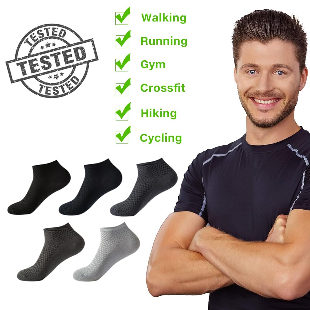 GUSTAVE Men's Ankle Socks for Everyday Comfort with Anti Odor Bamboo Cotton Fiber | 5 Pairs