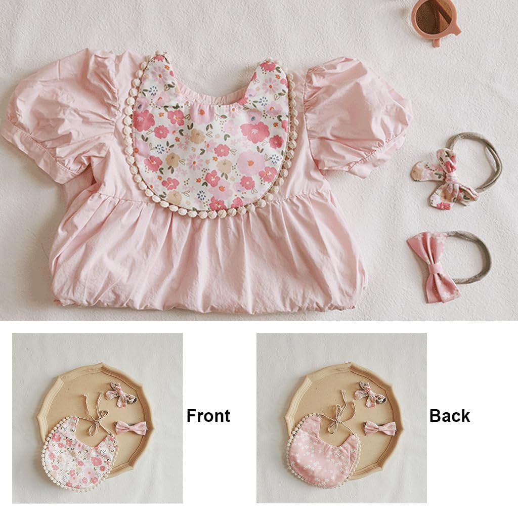 SNOWIE SOFT Feeding Bib Set for Baby Girls with 2Pcs Bow Hairbands featuring Tie Back Cotton Comfort | Ideal for 6 to 12 Months