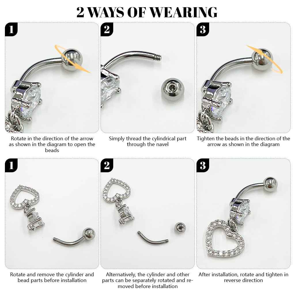 SANNIDHI Belly Button Rings for Women with Rhinestone Dangles and Stainless Steel Set of 5