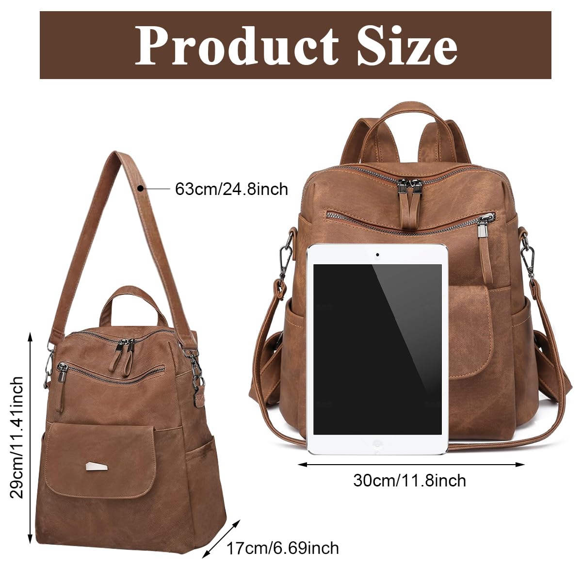 PALAY PU Leather Backpack for Women with 12x11 in Capacity and Back Zipper Pocket | Brown Vintage Style
