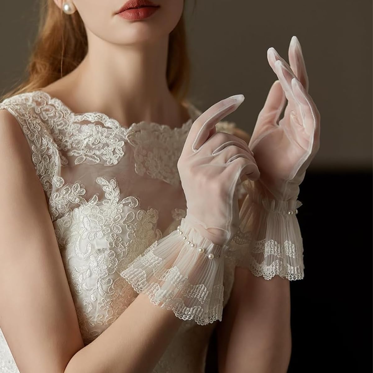 SANNIDHI Short Bridal Gloves for Wedding with Lace Trimmed Pearl Cuffs and Sheer Tulle | Elegant Accessory for Bridal Photography