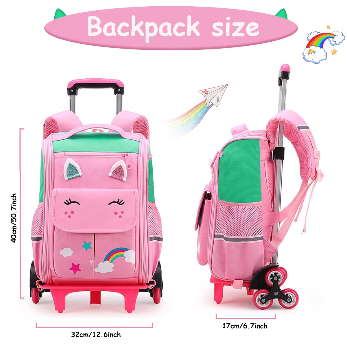 Venzina Trolley School Bag for Girls with 3 Wheel Stand and PU Pink Cartoon Design | Large Capacity Backpack