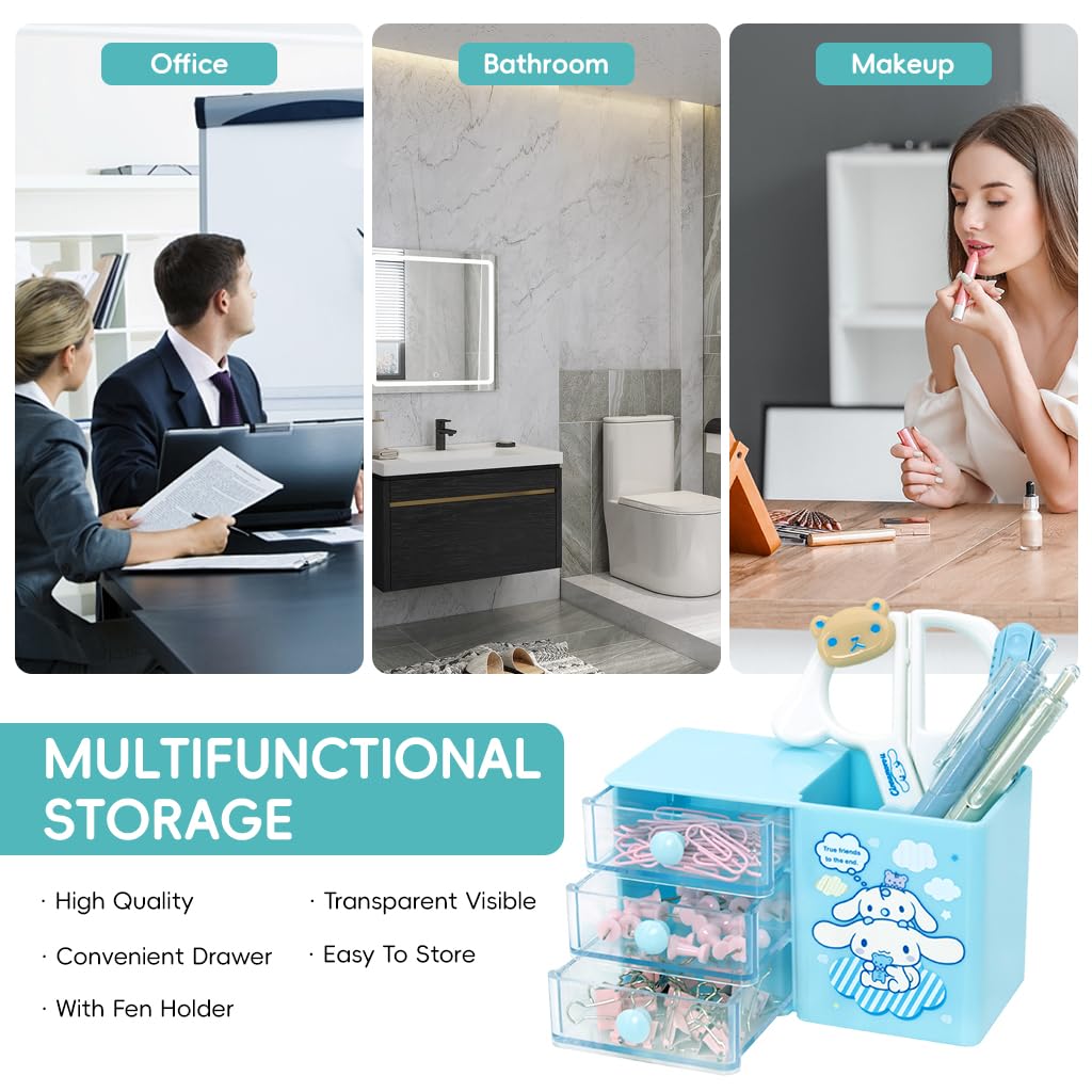 OFIFO Kawaii Cinnamoroll Desk Organizer Pen Holder with 3 Multi-Drawer Storage for Office Stationeries, Scrapbooking Supplies, Clips, Pens, Tapes, Accessories (Blue)