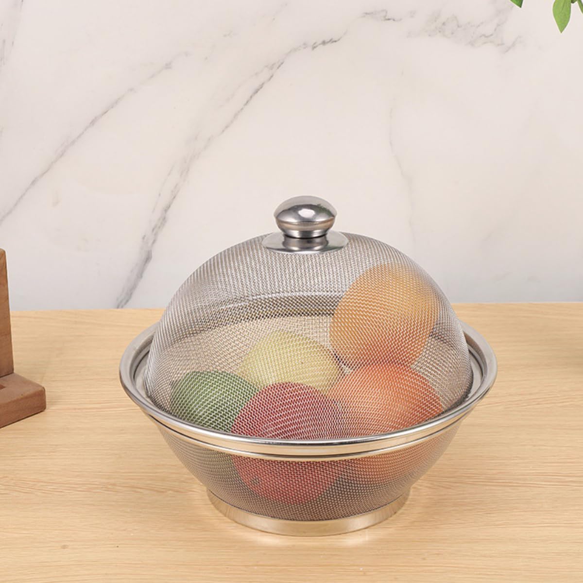 HASTHIP® 2Pcs Fruit Basket for Dining Table Large 25cm/28cm Stainless Steel Fruit Basket with Lid Net Cover Protective Fruits Vegetables Food Storage Strainer Basket for Kitchen, Home, Dining