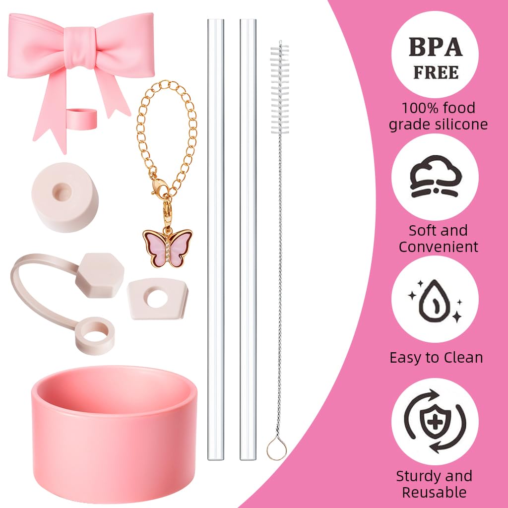 HASTHIP Stanley Cup Accessories 27PCS Kit with Straw Caps and Brush | Cute Bow and Sleeve Decor