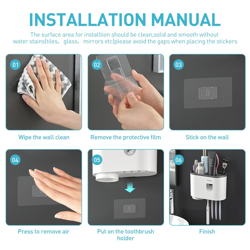 ZIBUYU Toothbrush Holder for Bathroom Wall with 4 Slots and Self Adhesive Cup Organizer | ABS Material