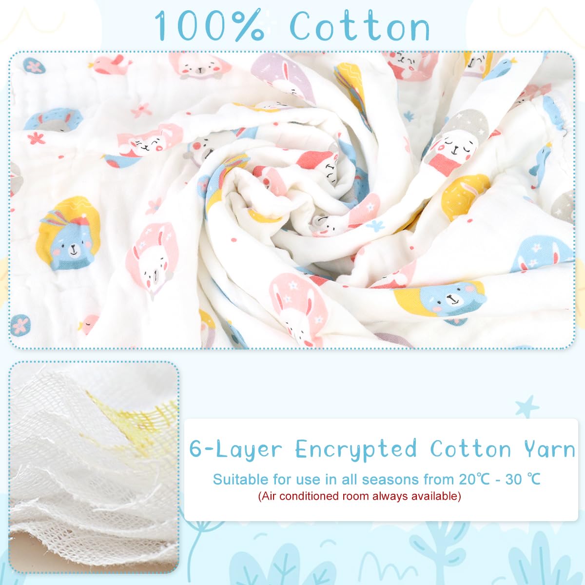 SNOWIE SOFT Muslin Towel for Newborn Bath Time with Adorable Cartoon Design 90x90cm | Ultra Soft Cotton Swaddle for Boys and Girls
