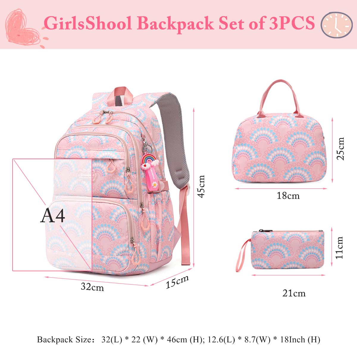 PALAY® Girls Shool Backpack Set of 3Pcs Girls Shool Backpack Hand Bag and Pencil Pouch Set Vibrant Pink Print Schoolgirls Backpack Large School Backpack Set School Gift Children's Day Gift