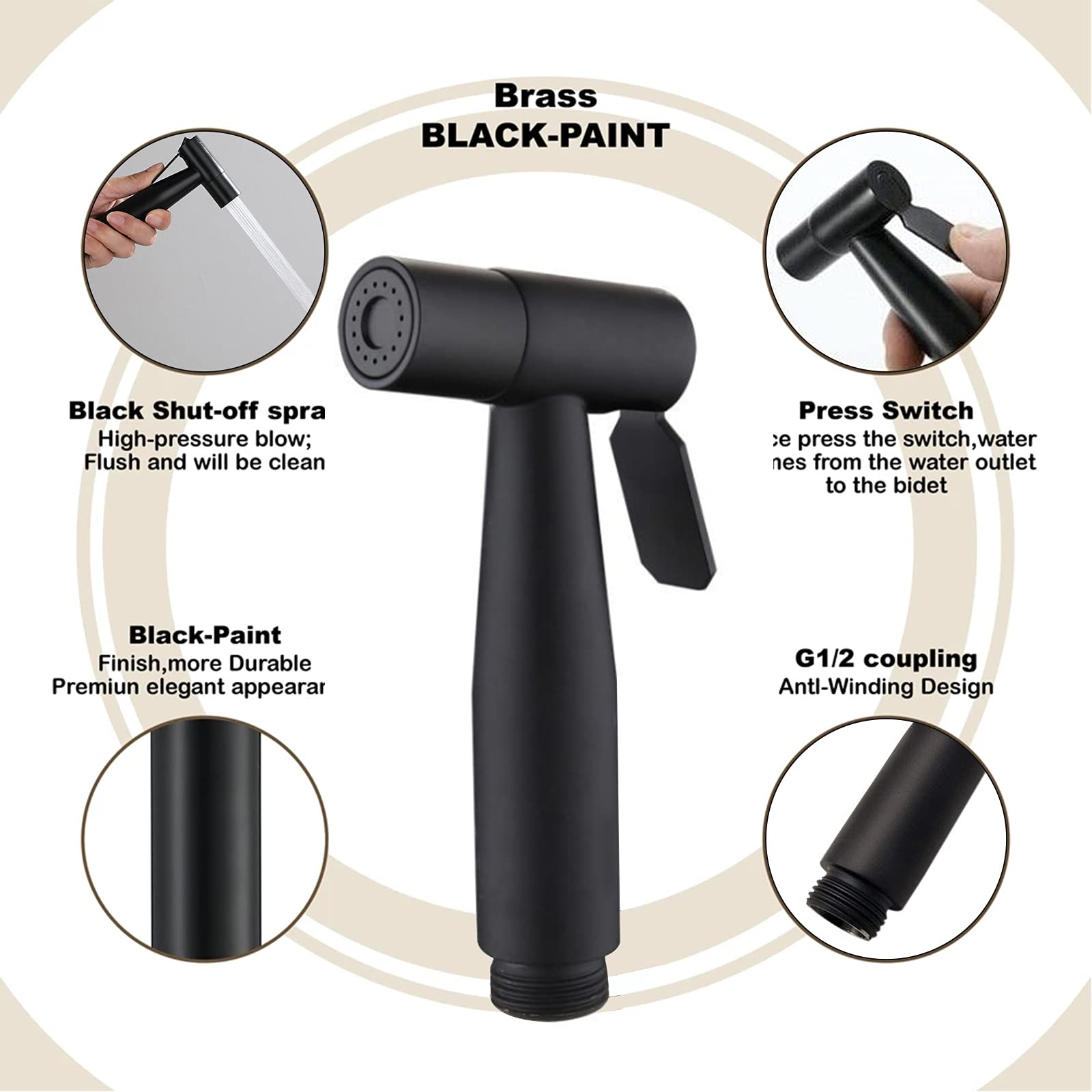 ZIBUYU Jet Spray for Toilet with Easy Grip Lever and Leak Proof Stainless Steel Hose | Black Bidet Handheld Set