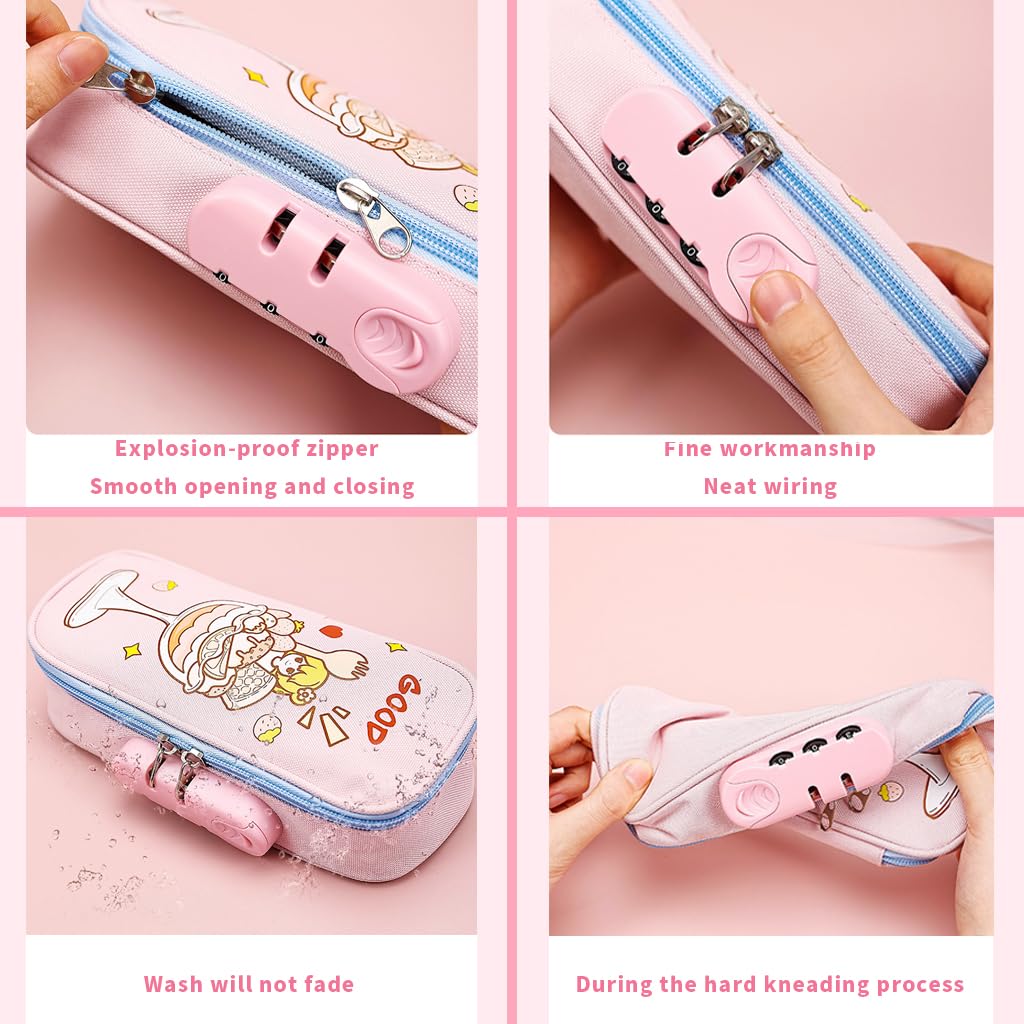 HASTHIP Large Capacity Pencil Case with Combination Lock and Waterproof Pink Oxford Cloth for School | Holds up to 80 Pens