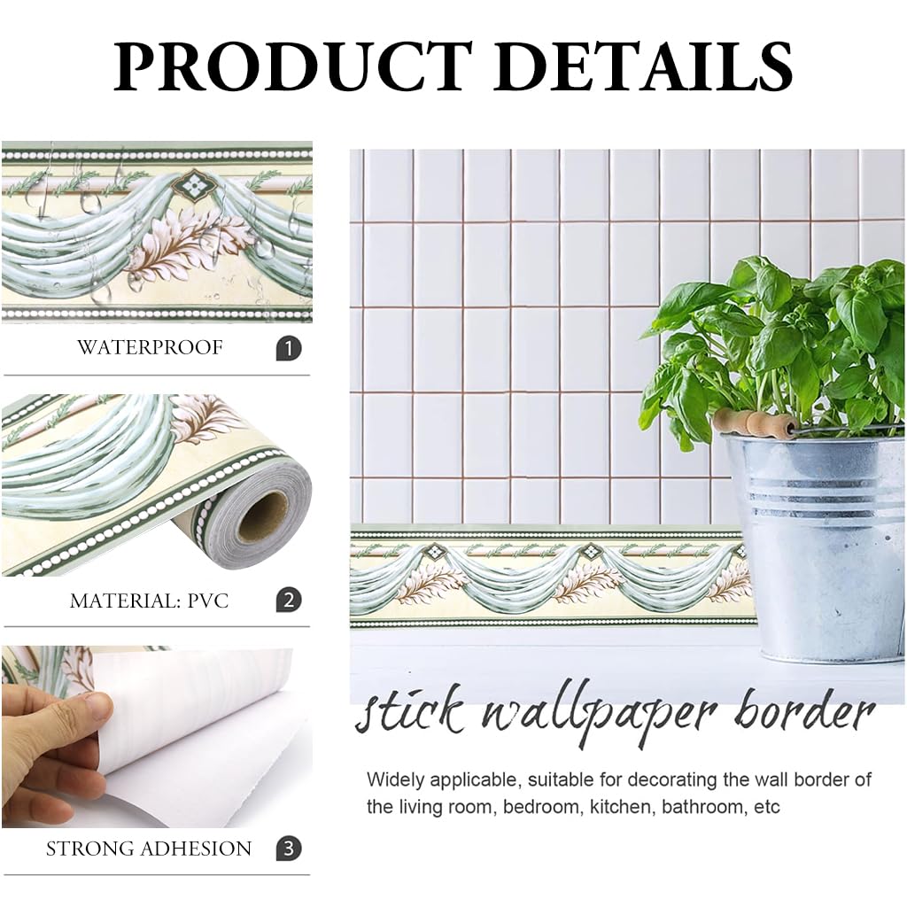 HASTHIP Wall Border Sticker - 3.9''×29.5 Ft Self-Adhesive Floral Trim PVC Frame Sticker, Kitchen Bathroom Waterproof Wallpaper Border Self Adhesive Tiles Sticker for Room Decor, Cupboard (Green)