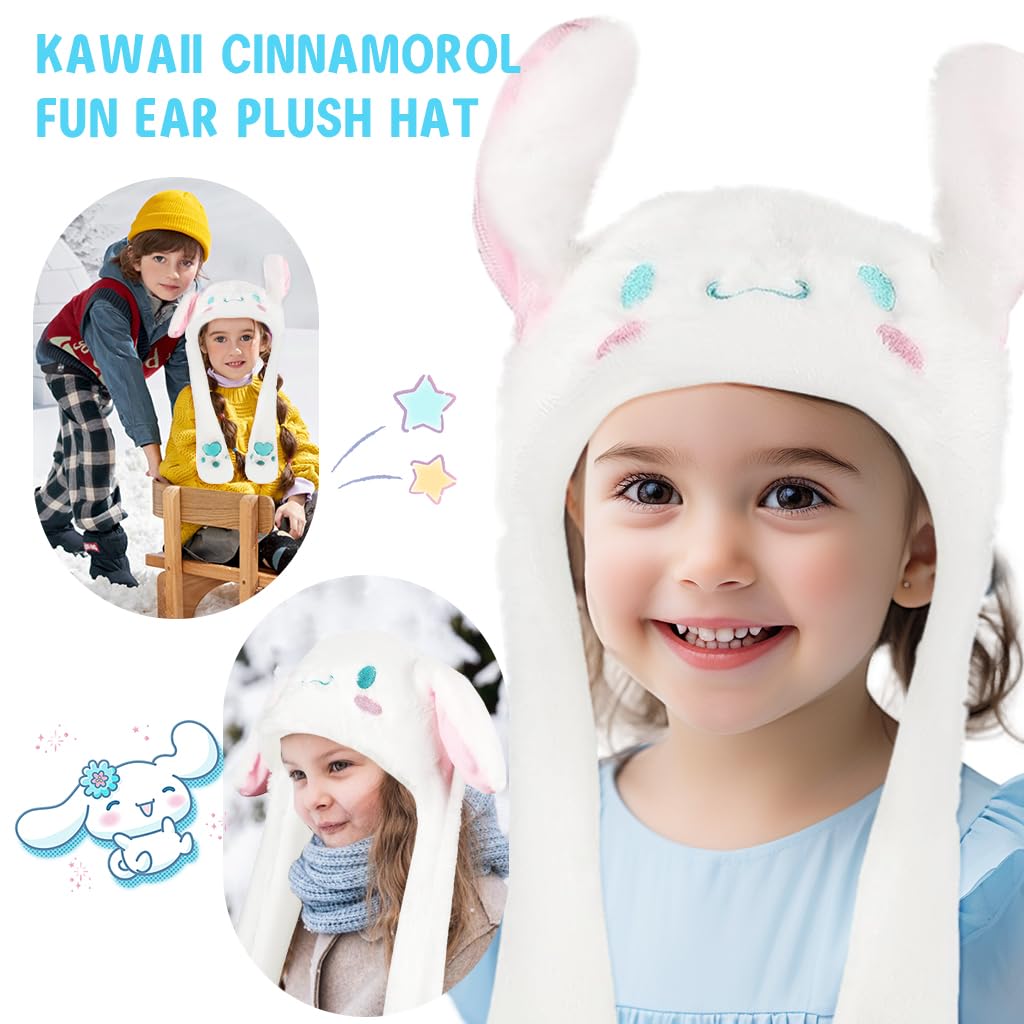 PATPAT® Girls Winter Hat Kawaii Girls Hat Sanrio Cinnamoroll Hat Plush Warm Winter Hat Fun Moving Ears Design Soft Fluffy Cinnamoroll Hat for Women Girls