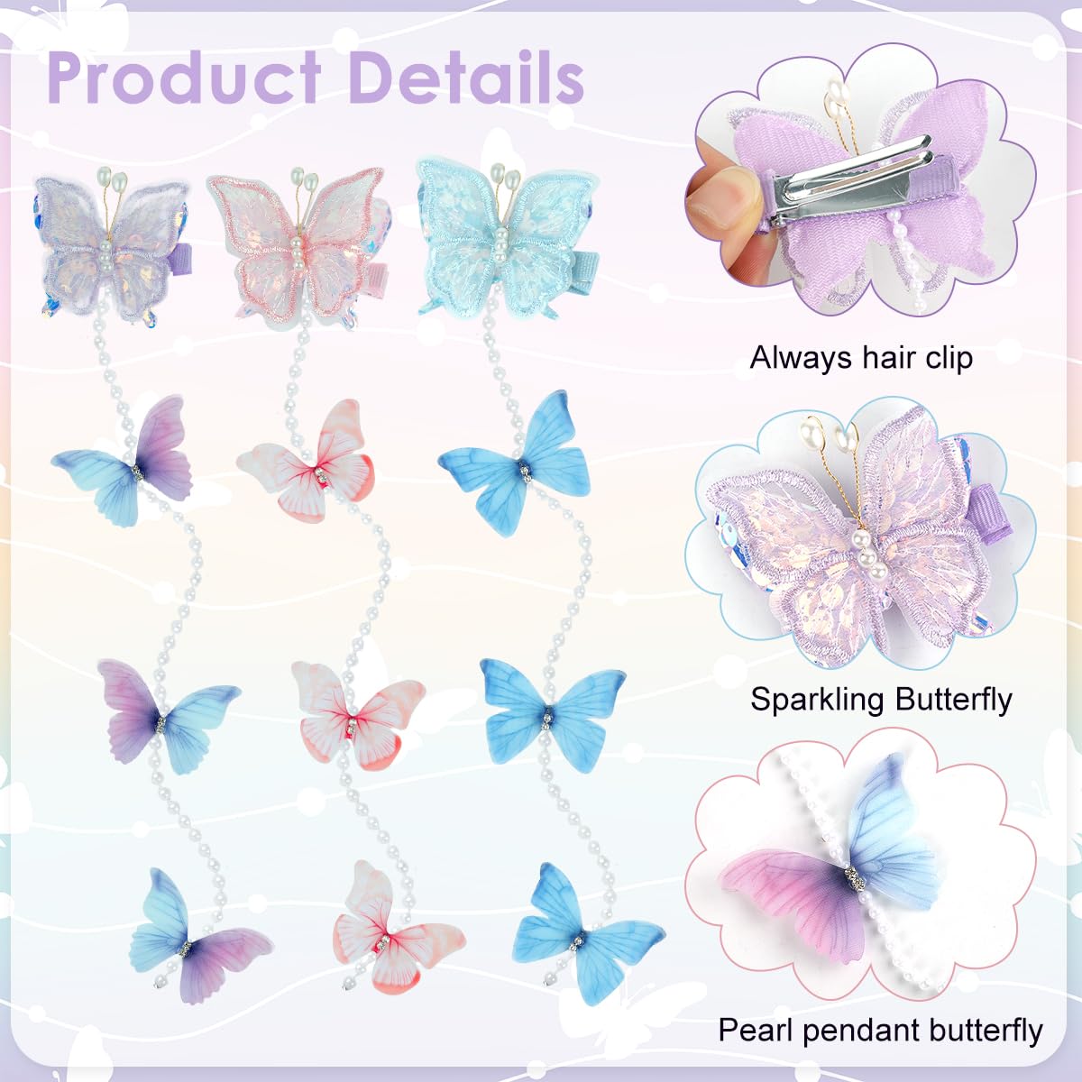 PALAY Pearl Butterfly Kids Hair Clips for Girls with Beaded Charms and Easy Clip-On Design | 6Pcs in Pink Blue and Purple