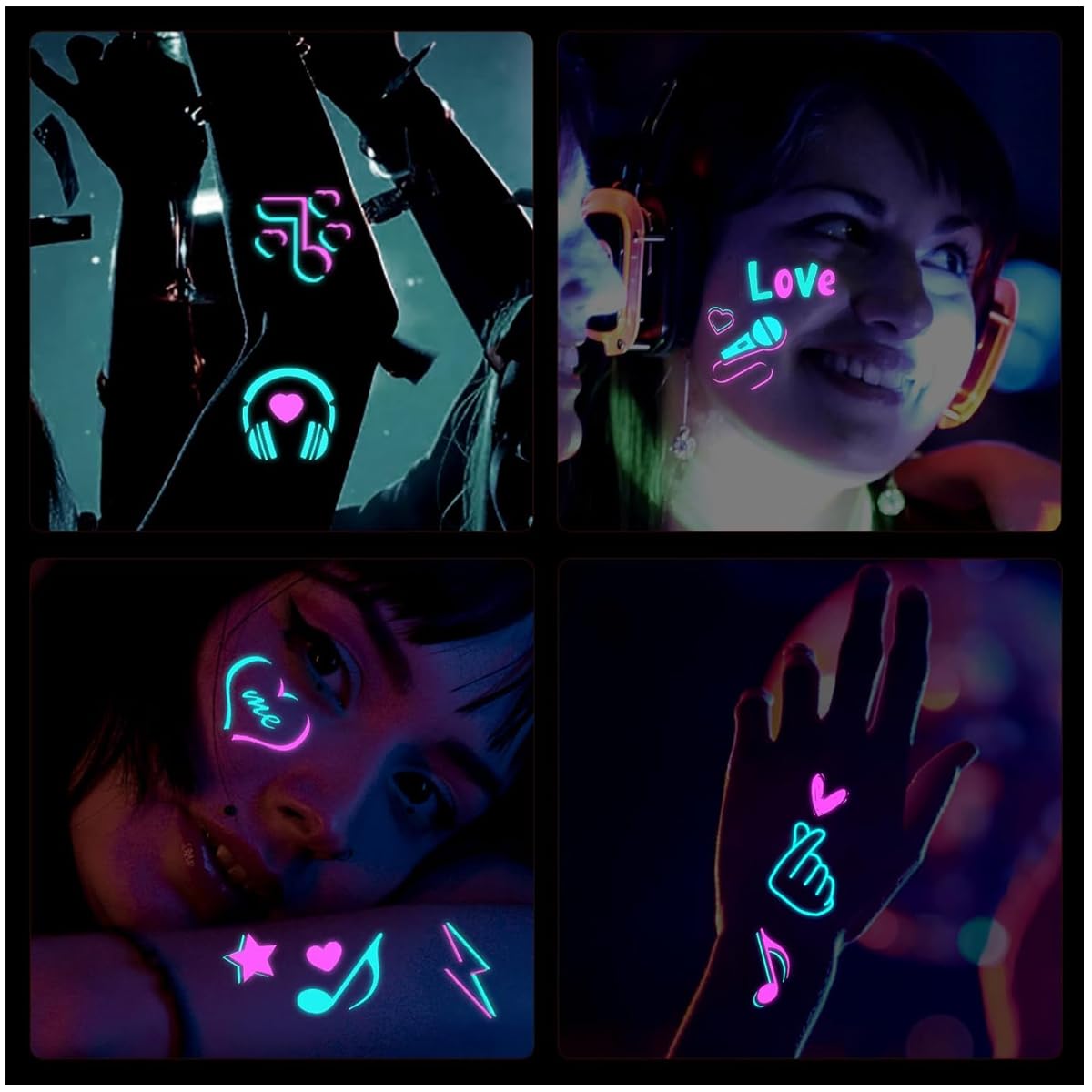 MAYCREATE Temporary Tattoo Sticker for Festival and Party with Dual Color Glow | 10 Sheets
