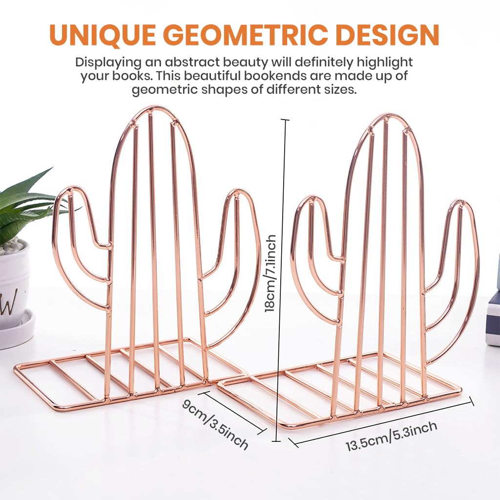 ZIBUYU Bookends for Home and Office with Non Slip Base featuring Brass Cactus Design | Golden Decorative Organizer