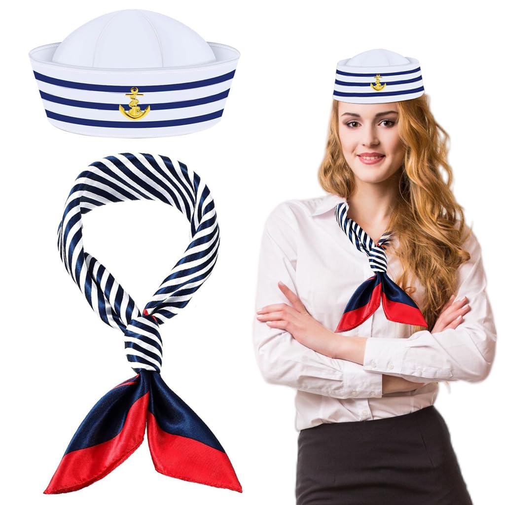 PATPAT Sailor Hat and Scarf Set for Theme Parties with 58cm Cap Fit | Blue White Nautical Style