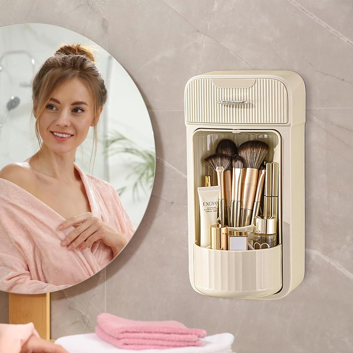 Venzina Wall Mounted Makeup Brush Holder for Bathroom featuring 360° Rotating Organizer | Self Adhesive Drawer Design