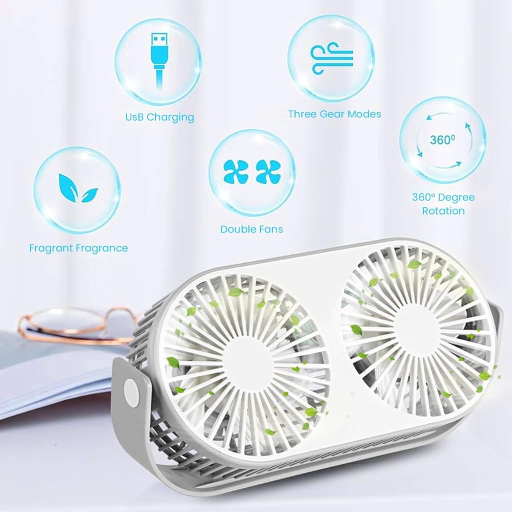 Verilux® Small Table Fan, USB Mini Desktop Fan, Dual Fan Desktop Fan with 3 Speeds, Quiet Aromatherapy Table Desk Fan with Stand, Portable Cooling Fan for Home Office Outdoor Travel (White)