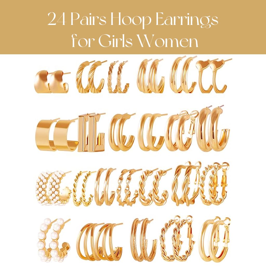 Venzina® 24 Pairs Golden Hoop Earrings for Girls Women Assorted Boho Hoop Earrings Fashion Trendy Stud Earrings Jewelry Gift for Women Fashion Hoop Earring Set for Party Wedding Dating (Gold)