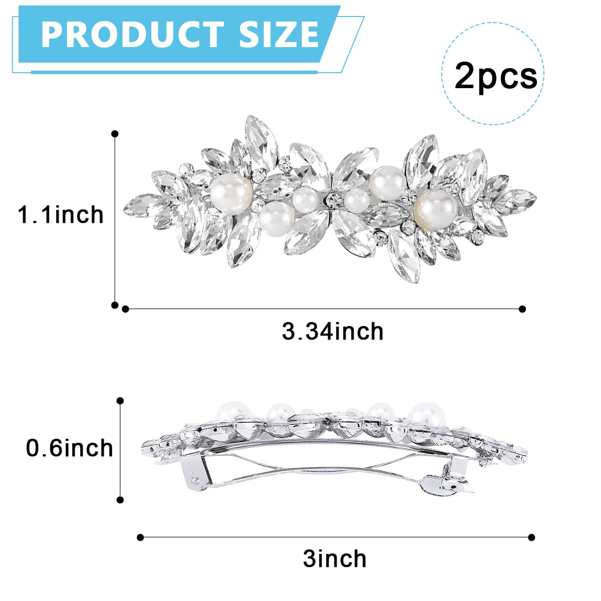 MAYCREATE Rhinestone Hair Clips for Wedding and Party with Crystal Pearls | 2Pcs Silver Barrettes