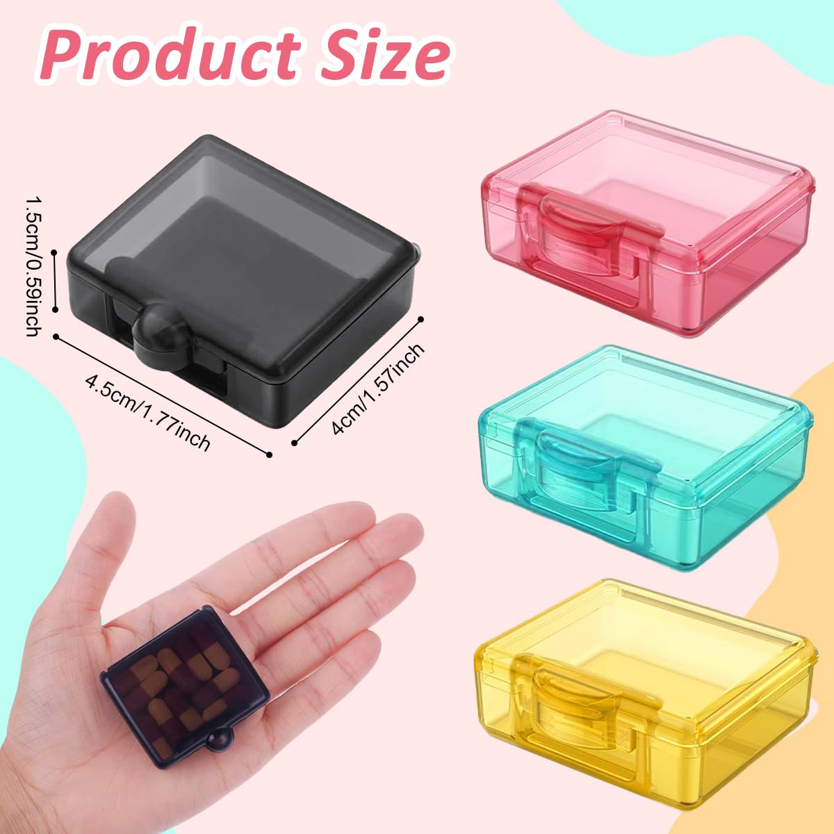 HANNEA® 4Pcs Pill Box Portable Pill Box 1.7 Inches Color Square Transparent Pill Box Food Grade PP Travel Pill Box Pill Case Medicine Pill Box for Supplyments, Capsules, Tablets, Fish Oil, Vitamin