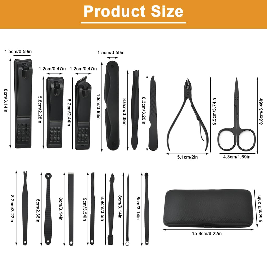 ZIBUYU Manicure Pedicure Kit with 15 Pcs Ergonomic Tools and Black Leather Case for Travel