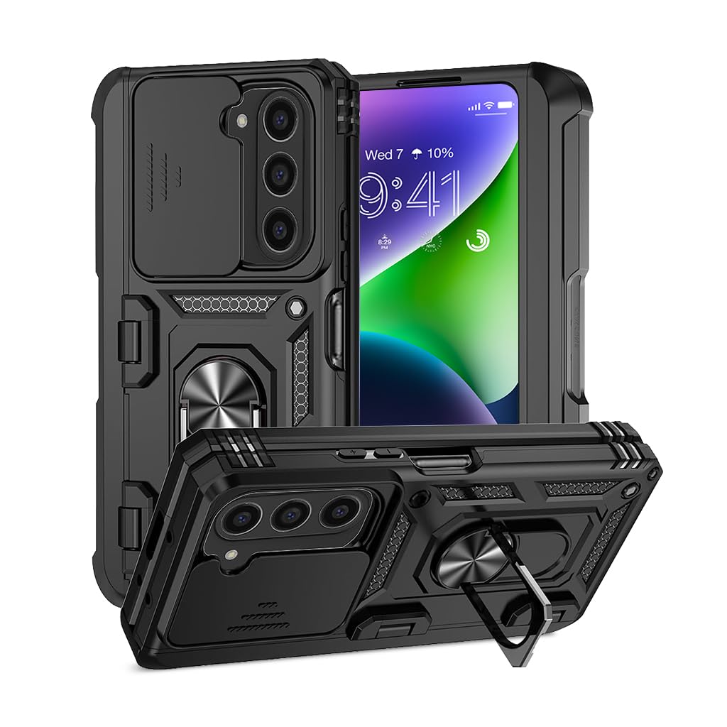 Zeitel Phone Case for Samsung Galaxy Z Fold 6 with Dual Layer Protection and 360 Rotatable Grip | Sliding Camera Lens Shield and Flexible Hinge Design Black