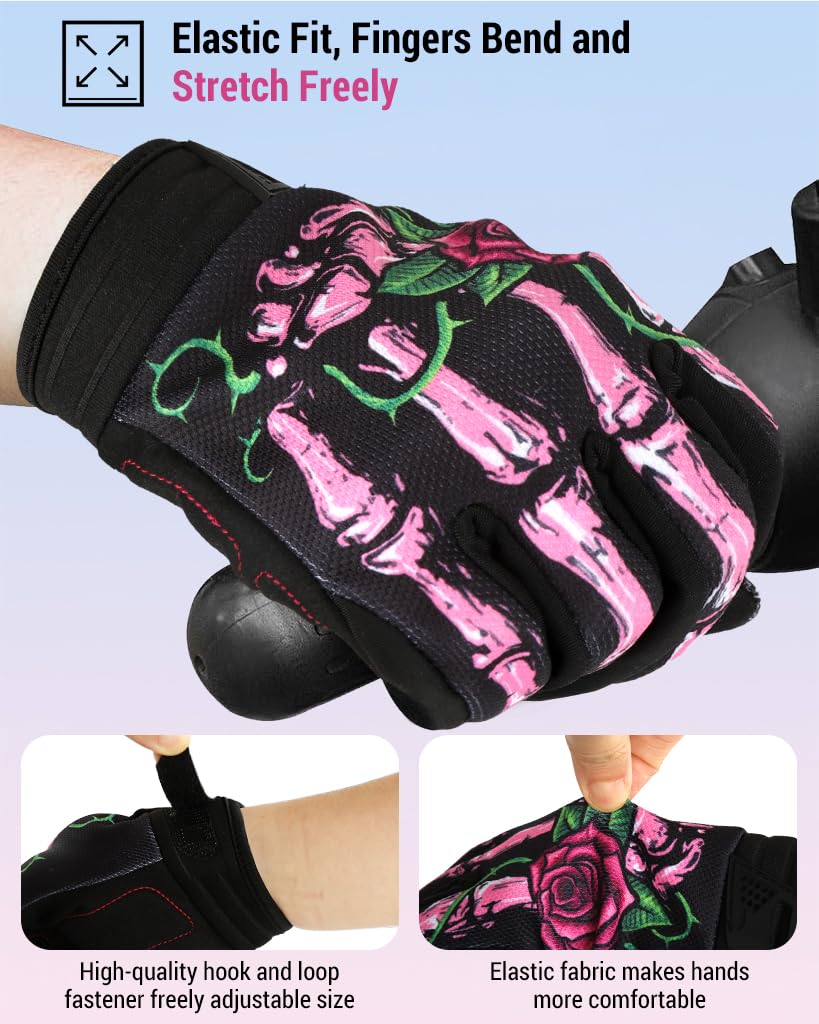 PROBEROS Riding Gloves for Motorcycle Use with Touchscreen Fingertips and Anti Slip Palm | Unisex Gothic Rose Design