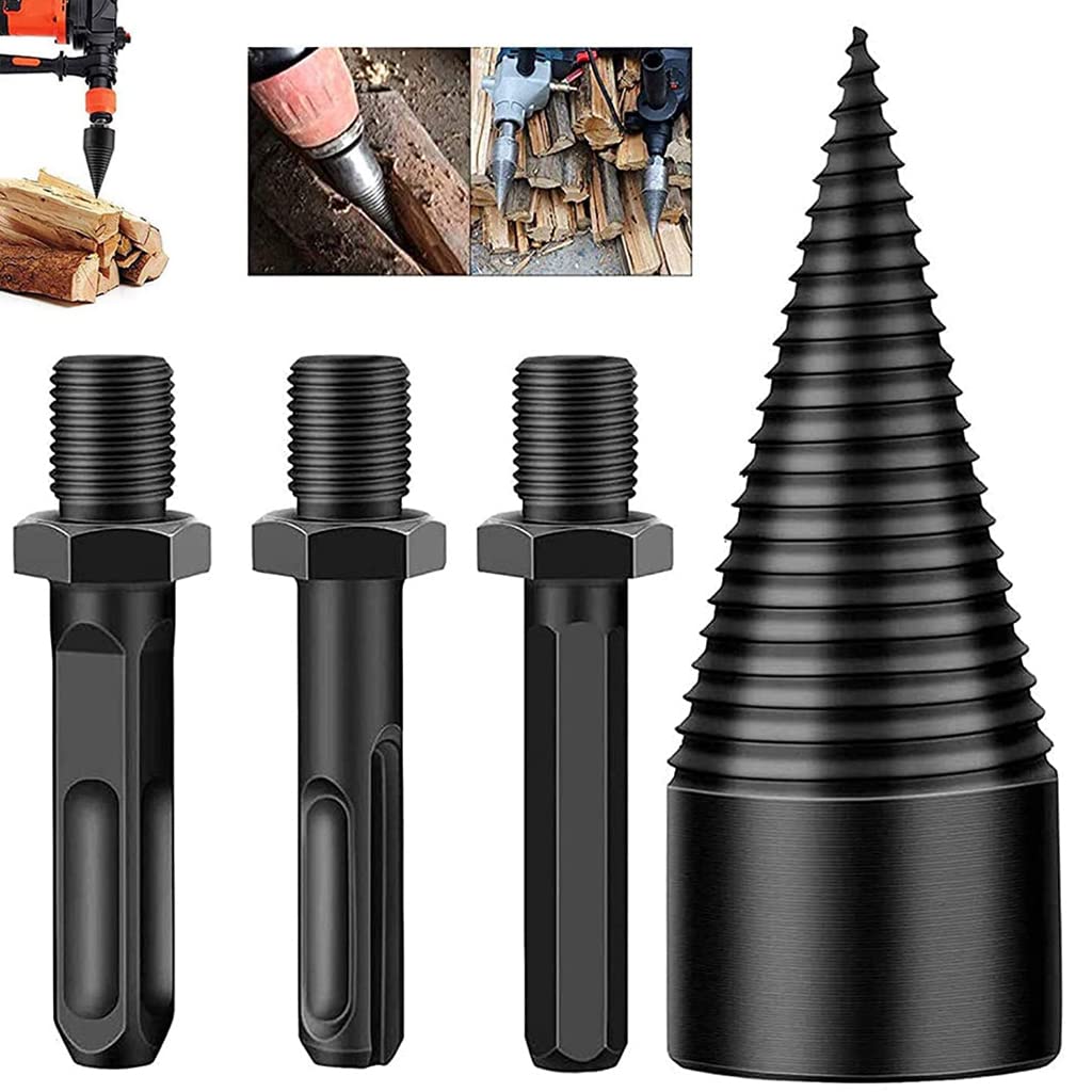 Supvox Wood Splitter Drill Bit Set for Firewood with 32mm Pointed Head and 3 Adapters | High Carbon Steel