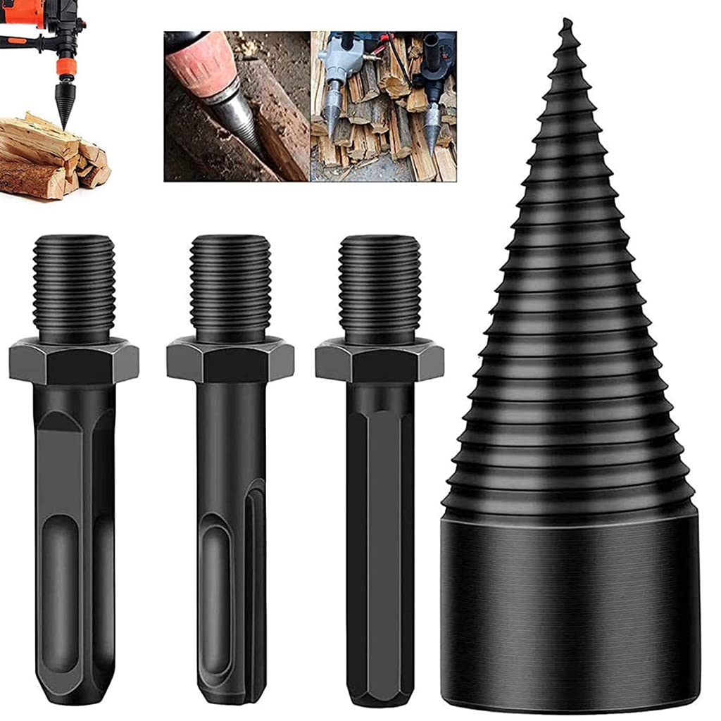 HASTHIP® 32mm Wood Splitter Firewood Drill-Bit Set with 3pcs Drill Bit Adapter (Hex+Square+Round), Removable Firewood Log Splitter Drill Bit, Heavy Duty Wood Splitter Drill Bits