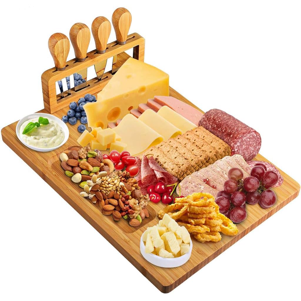 Supvox® Cheese Board Platter Set with Utensils Holder Food-Grade Charcuterie Board Tray Square Cheese Platter Board Natural Bamboo Cheese Board with 4 Stainless Steel Cheese Knives 11x14 in