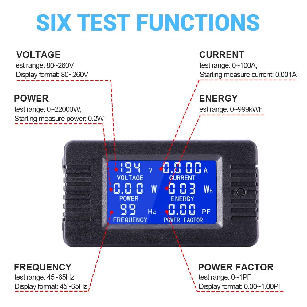 Serplex® 6 in 1 Digital Voltage Meter Energy Meter AC Current Voltmeter Ampere Meter Power Energy Panel Meter Ammeter Multimeter with Split Core Current Transformer CT AC 80-260V 100A Power Monitor