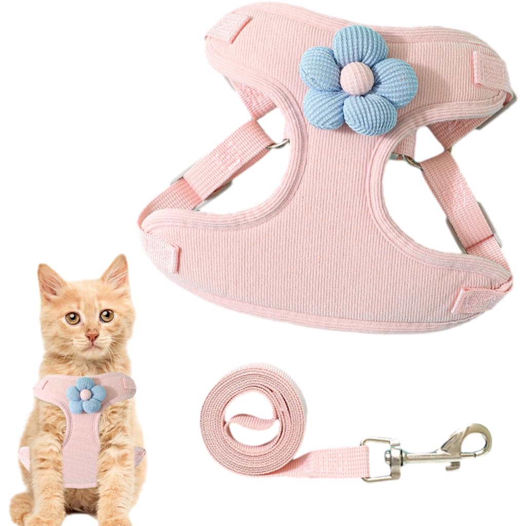 Qpets® Cat Vest Harness with 1.2m Leash, Adjustable Size Pet Vest Harness with Quick Release Buckle Breathable Fabric Cute Cat Harness for Small Cat Puppy(M, Chest 31-42CM, Neck 28-35CM)