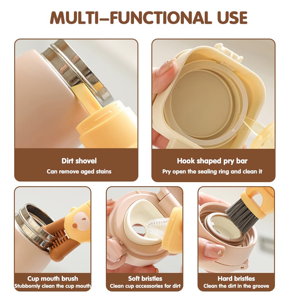 5 in 1 Baby Bottle Cleaning Brushes for Travel with Silicone Rim Tools & Stain Cleaner | Cartoon Design