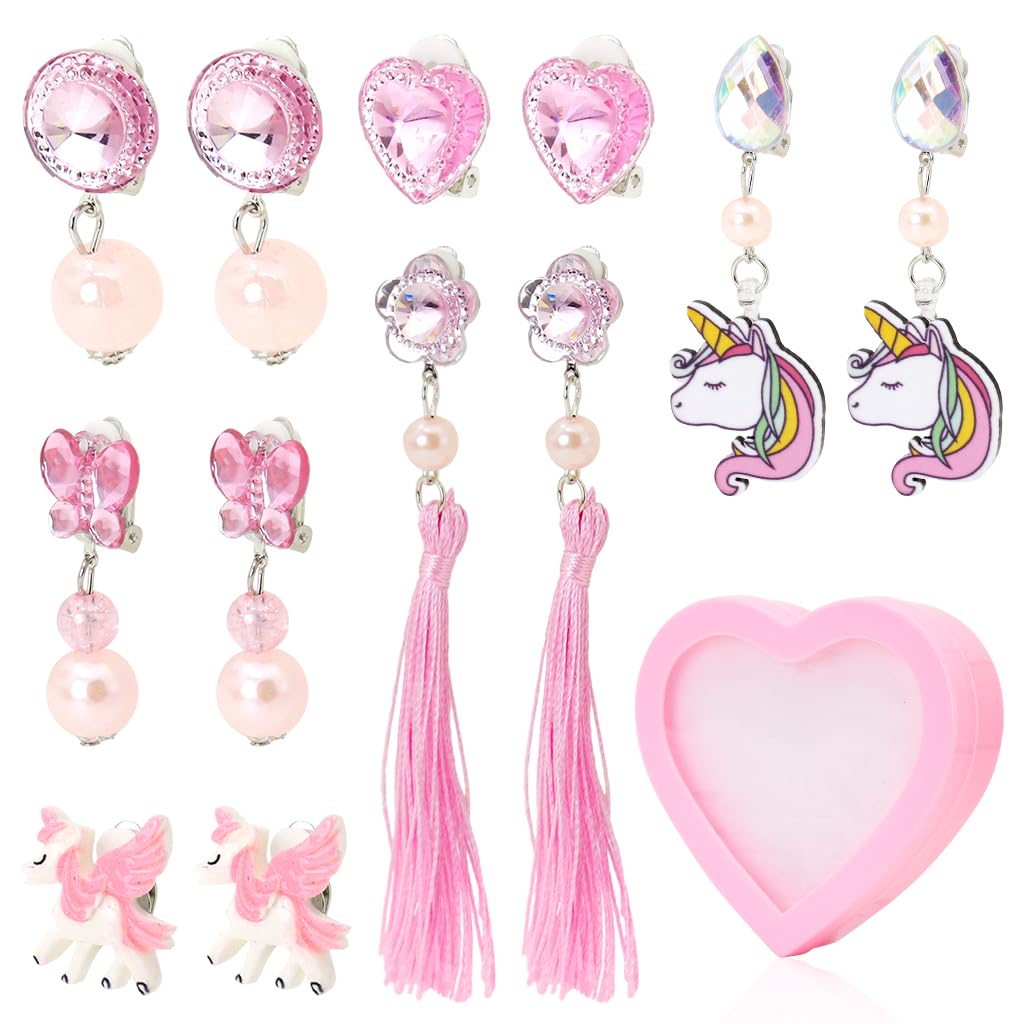 SANNIDHI 6 Pairs Earrings for Girls Stylish Unicorn Princess Clip On Earrings for Non Pierced Ears Dress Up Pretend Play Rhinestone Pearl Earrings Set Cute Kids Earrings for Girls Jewellery Gift