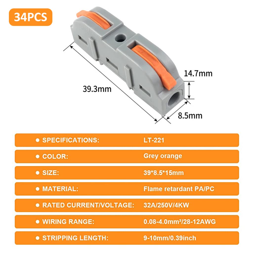 Serplex® Wire Connector, 34Pcs Universal Connection Terminals, Circuit Inline Splices Electric Connectors, SPL-1 Clamp with Actuation Lever, 4 mm² Conductor Clamp, Quick & Freely Assemble