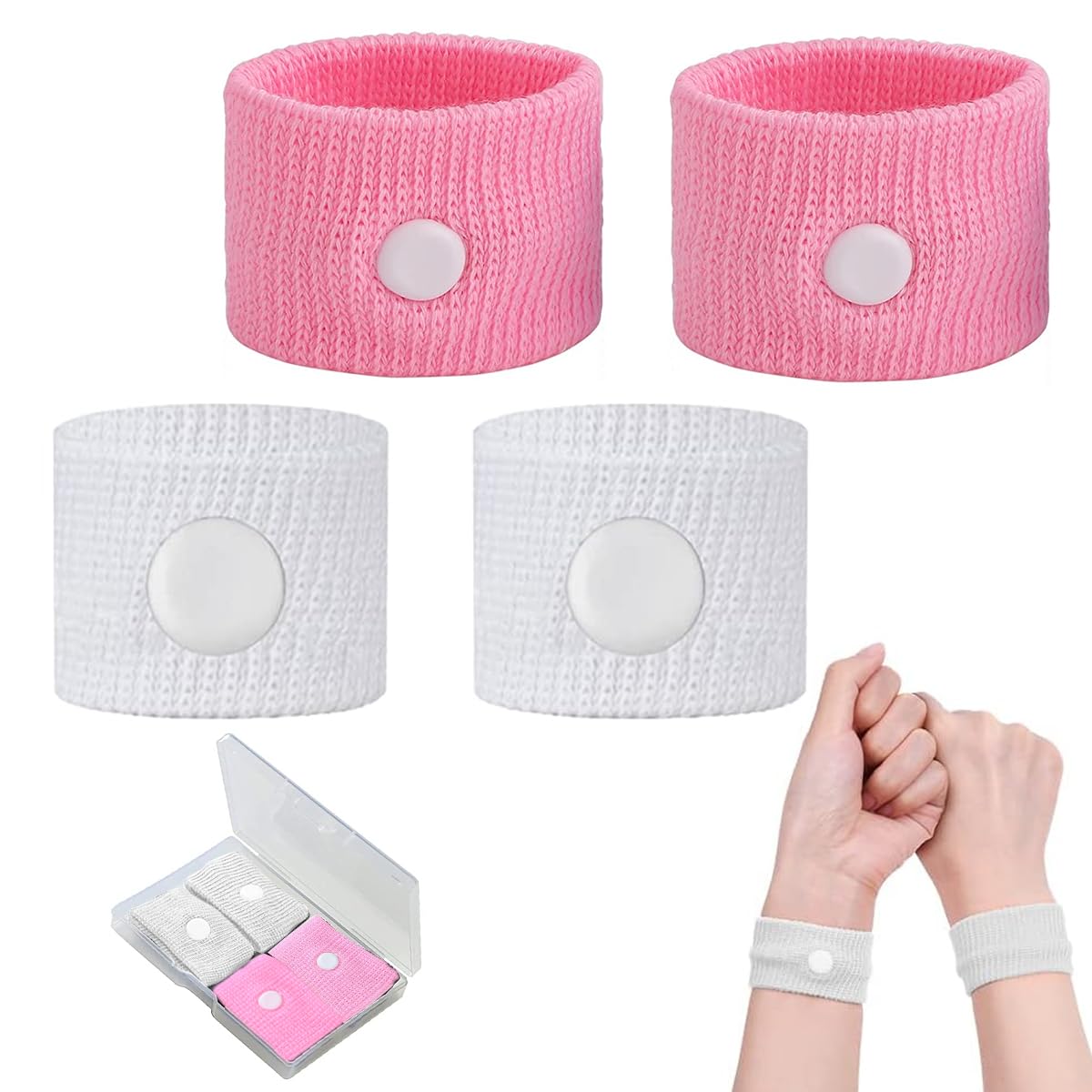 HANNEA® Acupressure Point Bracelet, 2 Pairs Acupressure Band, Anti-Nausea Wristbands for Adults and Kids, Acupressure Bracelets for Relieve Vomiting, Nausea, Dizziness (Pink & White)