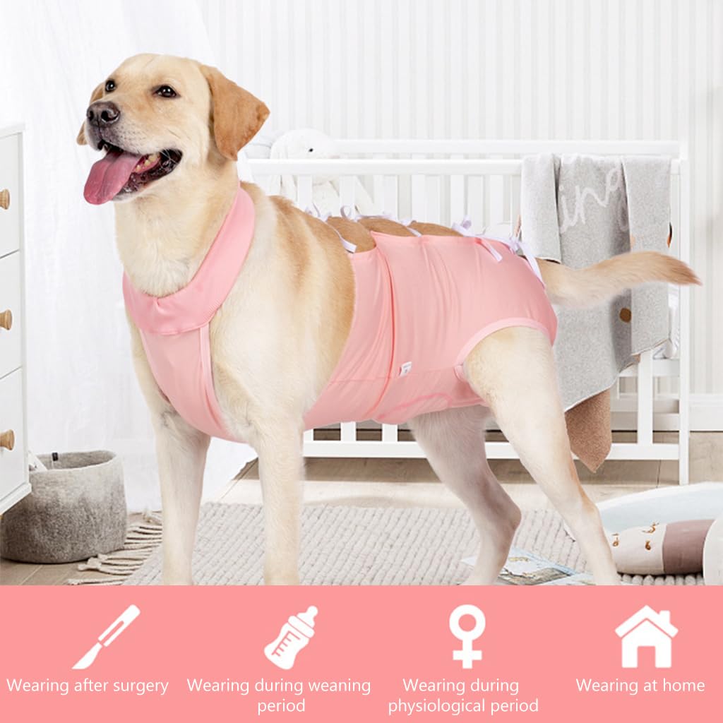 Qpets Dog Recovery Suit for Post Surgery Care featuring Strap Tying Back Design and Pink Cotton Fabric | Size L 45–55 cm Back Length