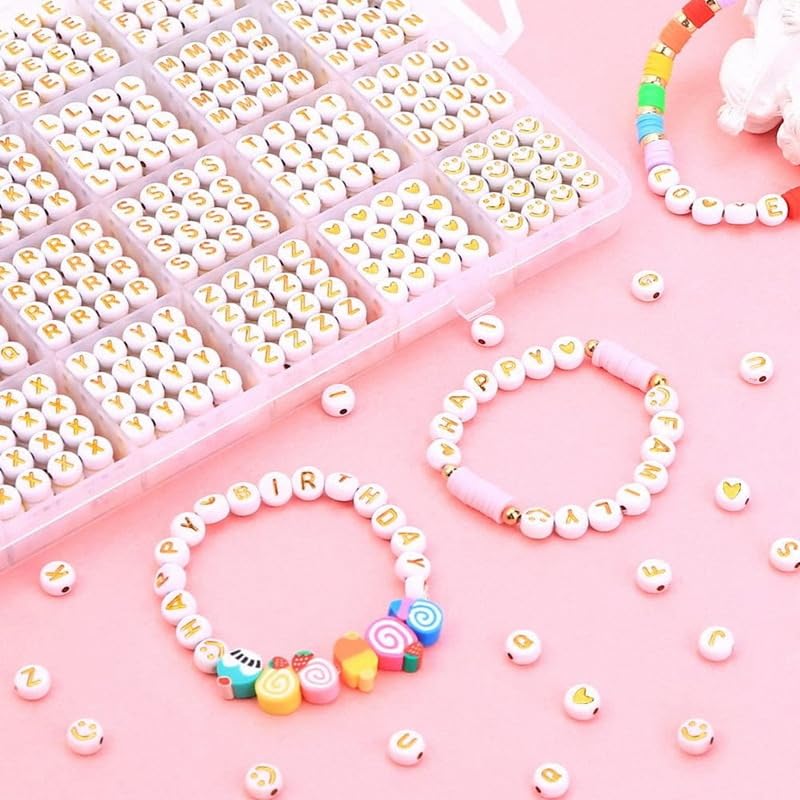 SANNIDHI® 1400pcs Alphabet Beads for Bracelets Jewellery Making Kit 28 Style Gold A-Z Acrylic Letters Round Letter Beads with Smile Face & Heart Beads for Friendship Bracelet Necklace DIY