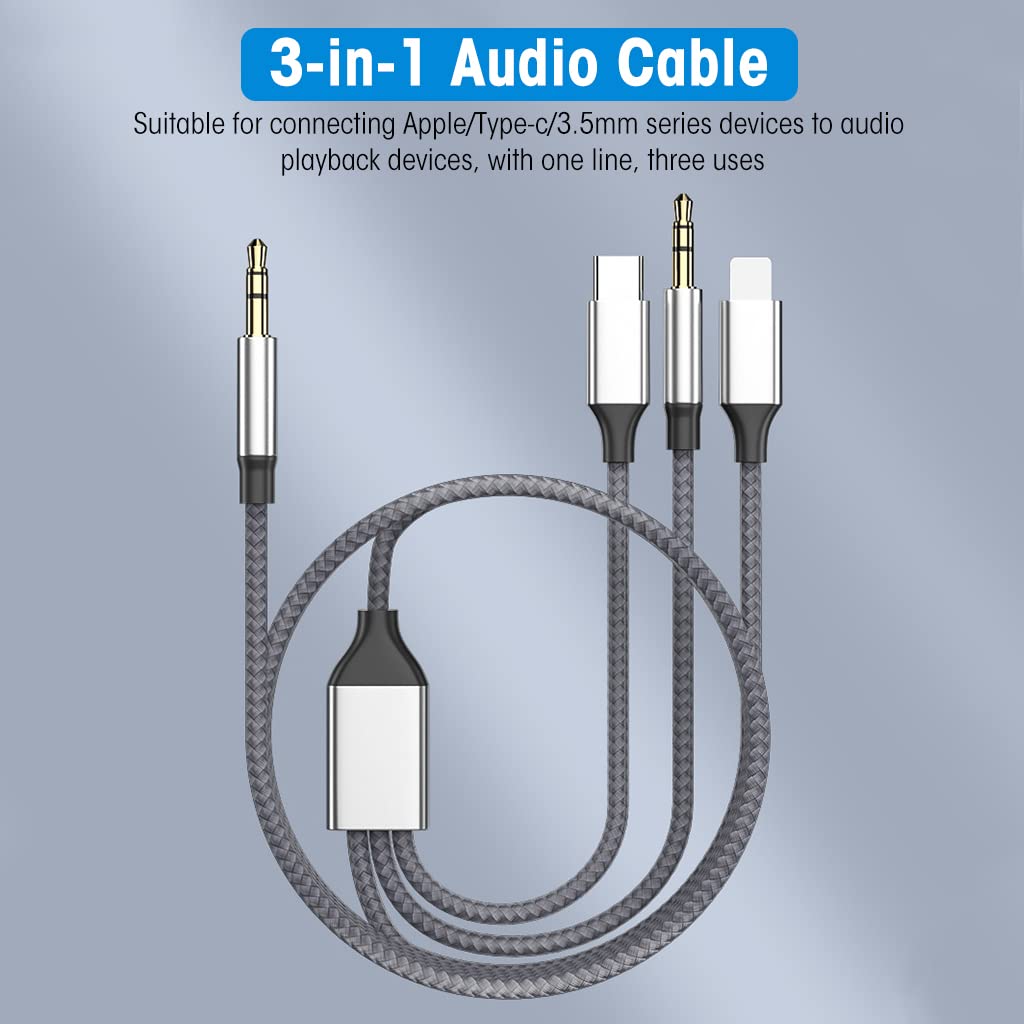 Verilux 3 in 1 Aux Cable for Car and Speakers with 1.2m Nylon Braid | Type C and Lightning