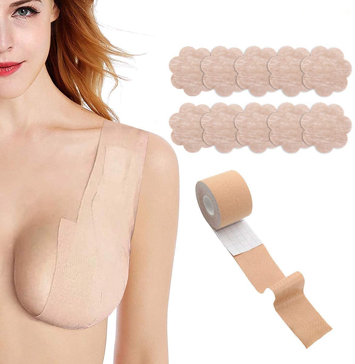 MAYCREATE Boob Tape with10 Pcs Petal Backless Nipple Cover Set for A-E Cup Large Breast, Breathable Breast Lift Tape Athletic Tape with Breast Petals Disposable Adhesive Bra